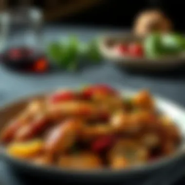 A plated garlic chicken stir fry garnished with herbs and spices