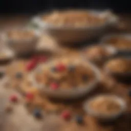 A colorful array of granola ingredients spread out on a wooden table.