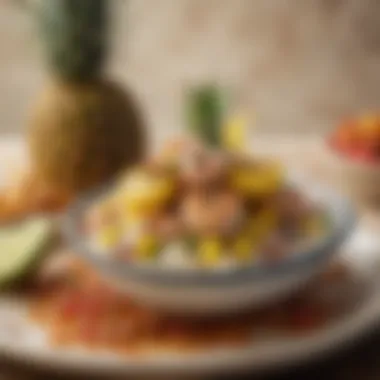 A beautifully plated dish featuring grilled seafood topped with a tequila-pineapple salsa