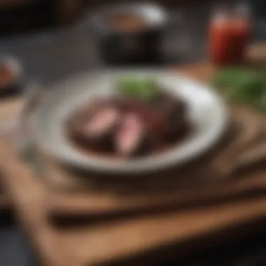 A rustic kitchen setting with hanger steak and essential seasonings