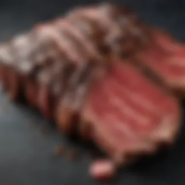 Close-up of hanger steak showcasing its marbling