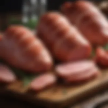 A variety of hams displayed on a wooden board