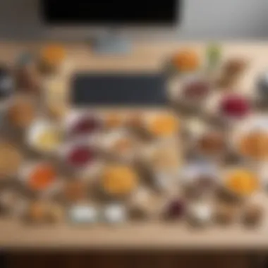 Organized Desk with Nutritious Snack Options A neatly organized desk with a variety of healthy snack containers