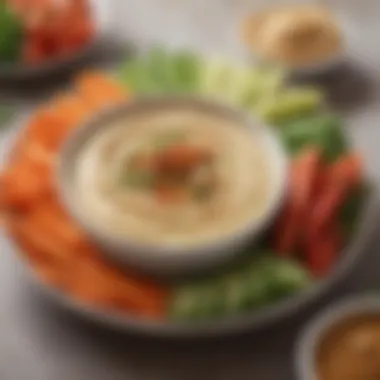 A bowl of creamy hummus accompanied by assorted vegetable sticks.