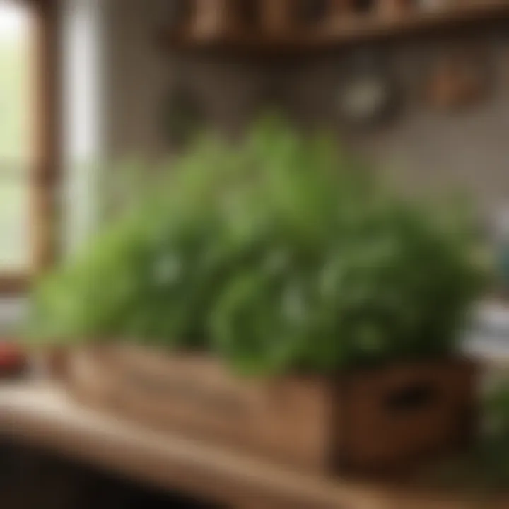 An assortment of herbs thriving in a well-designed kitchen herb box