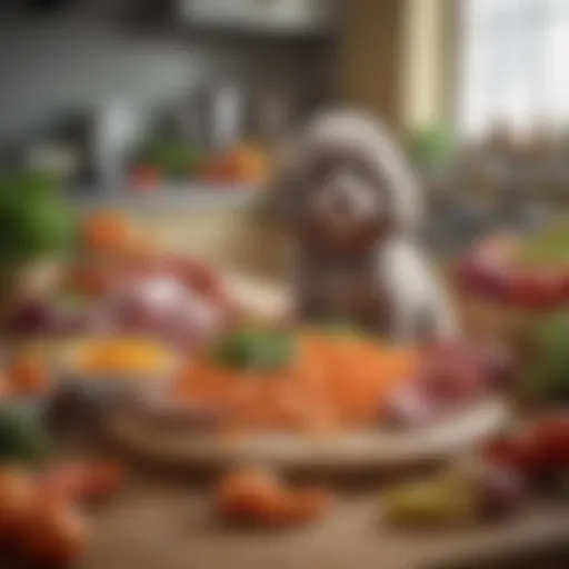 A colorful array of fresh vegetables and meats suitable for toy poodles