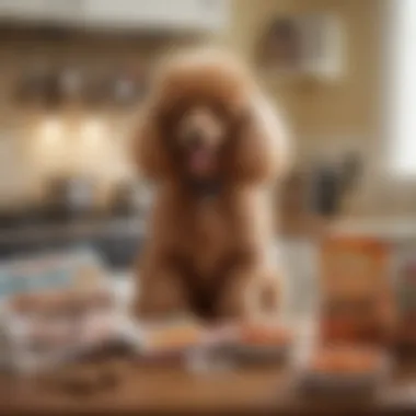 Owner's Guide to Poodle Nutrition A pet owner consulting a cookbook while surrounded by pet food prep