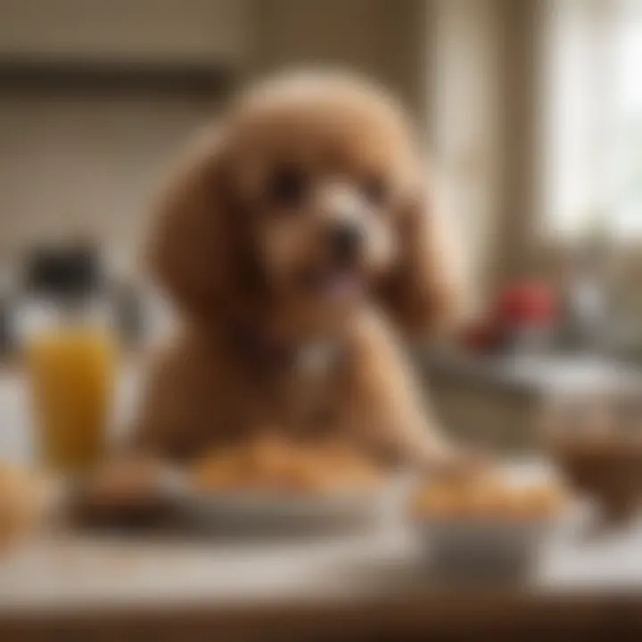 An engaging scene of a toy poodle eagerly awaiting its meal