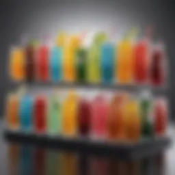 A beautifully arranged non-alcoholic beverage display featuring a variety of colorful drinks.