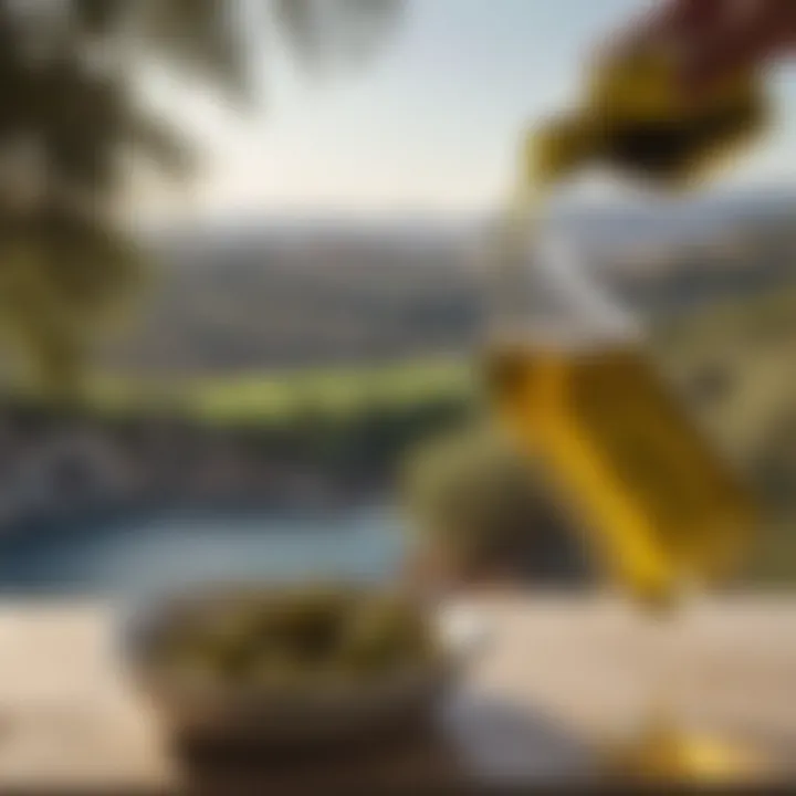 Artistic representation of olive oil pouring with a backdrop of Mediterranean scenery