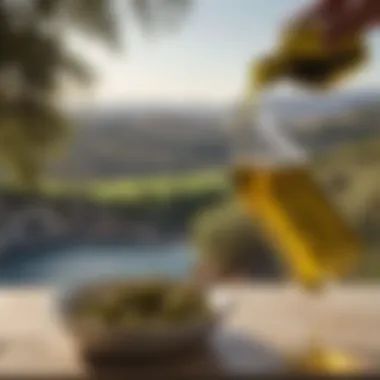 Olive Oil Pouring Against Mediterranean Landscape Artistic representation of olive oil pouring with a backdrop of Mediterranean scenery