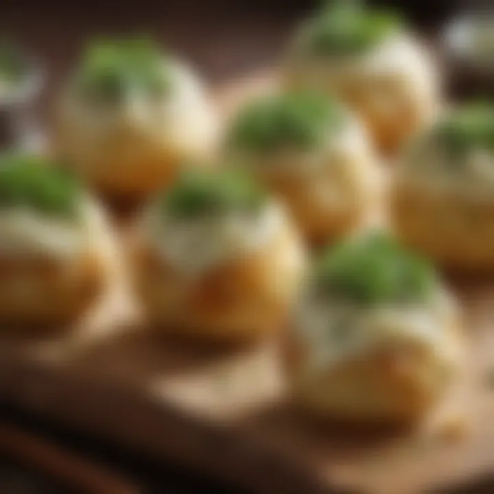 A delightful mashed potato appetizer topped with herbs and spices.