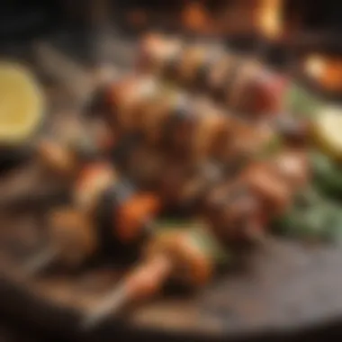 An assortment of unique BBQ skewers including seafood and exotic spices