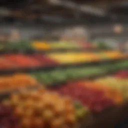 A vibrant array of seasonal fruits and vegetables displayed in a market.