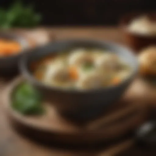 A bowl of rich chicken dumpling soup garnished with herbs