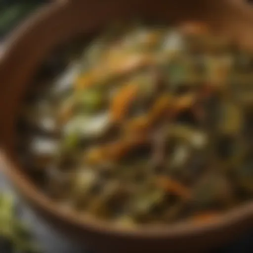 A close-up of vibrant kelp pickles in a handcrafted bowl, showcasing their rich color and texture.