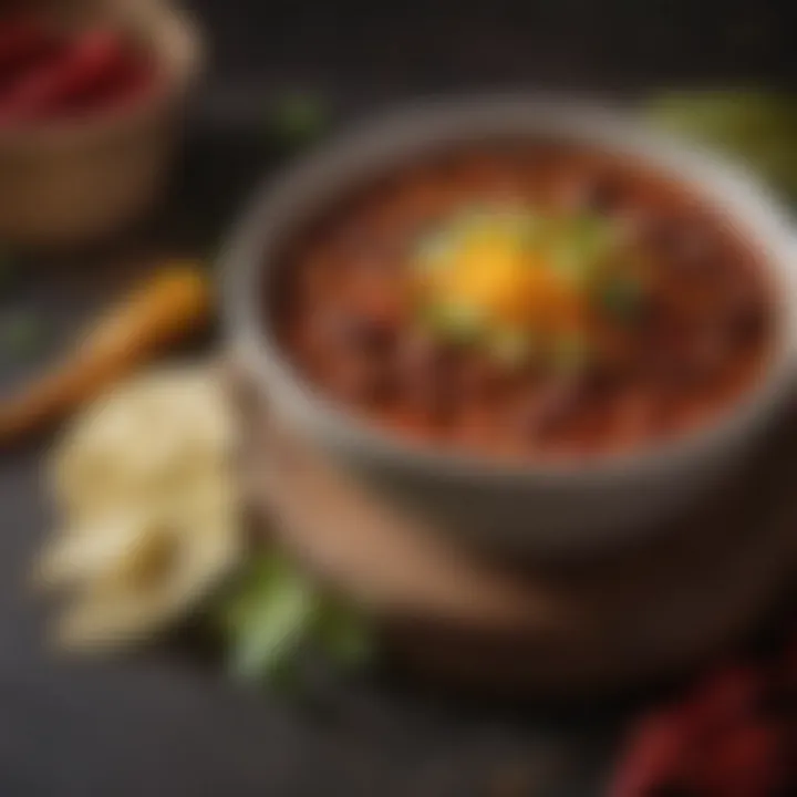 A beautifully plated bowl of chili showcasing its rich colors and textures.