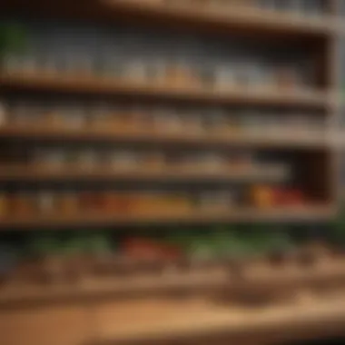 A variety of herbs and spices on a wooden shelf