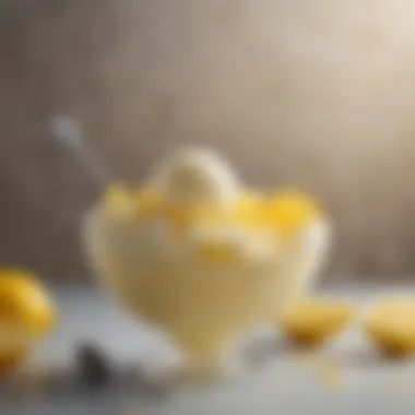 Lemon Sherbet Delight A vibrant bowl of lemon sherbet with a spoon, showcasing its creamy texture