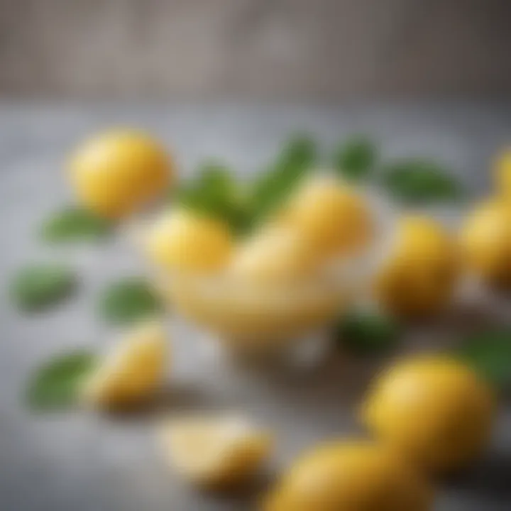 Fresh lemons and mint leaves arranged artistically beside a sherbet scoop