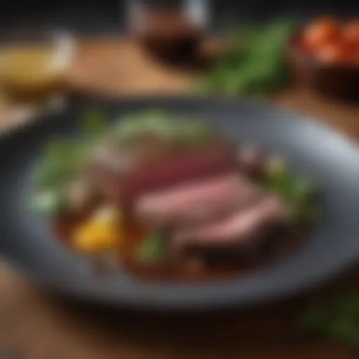 A beautifully plated venison dish garnished with fresh herbs