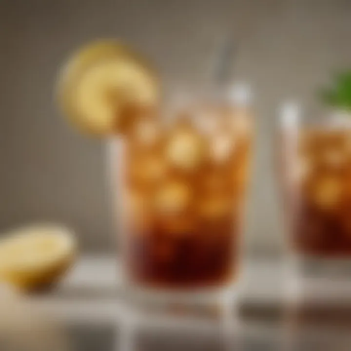 Close-up of a refreshing Long Island Iced Tea cocktail in a tall glass with a lemon wedge.