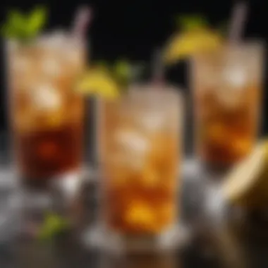 A vibrant display of variations of Long Island Iced Tea, each with unique garnishes.