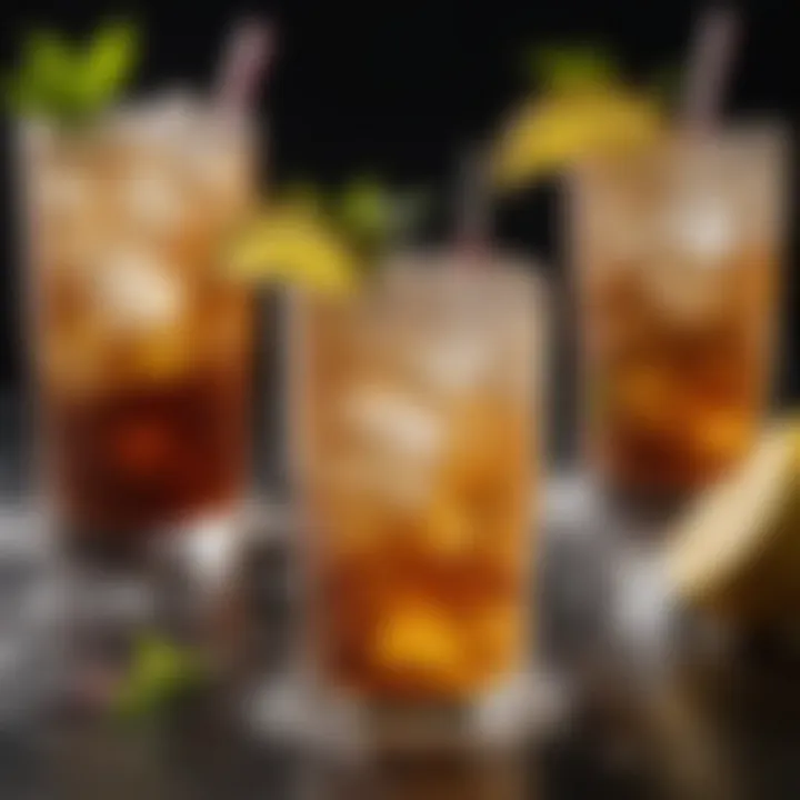 A vibrant display of variations of Long Island Iced Tea, each with unique garnishes.