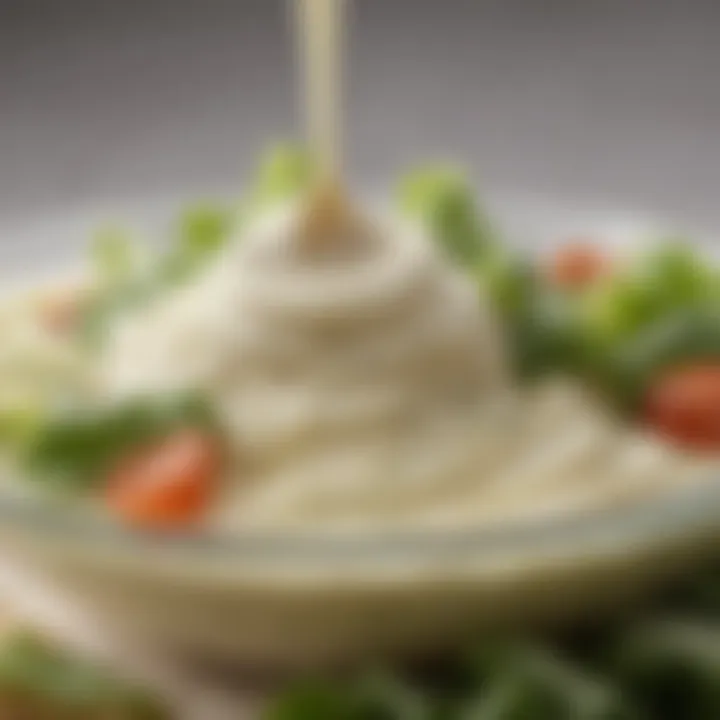 A close-up of creamy low fat Caesar dressing texture