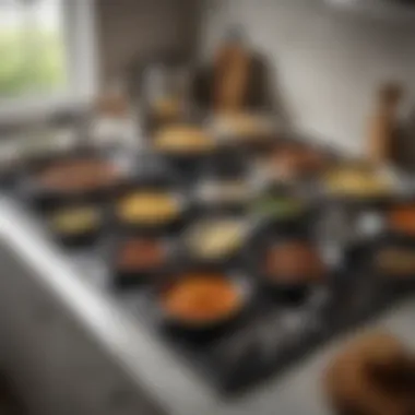 An organized countertop displaying various utensils alongside non-stick pans