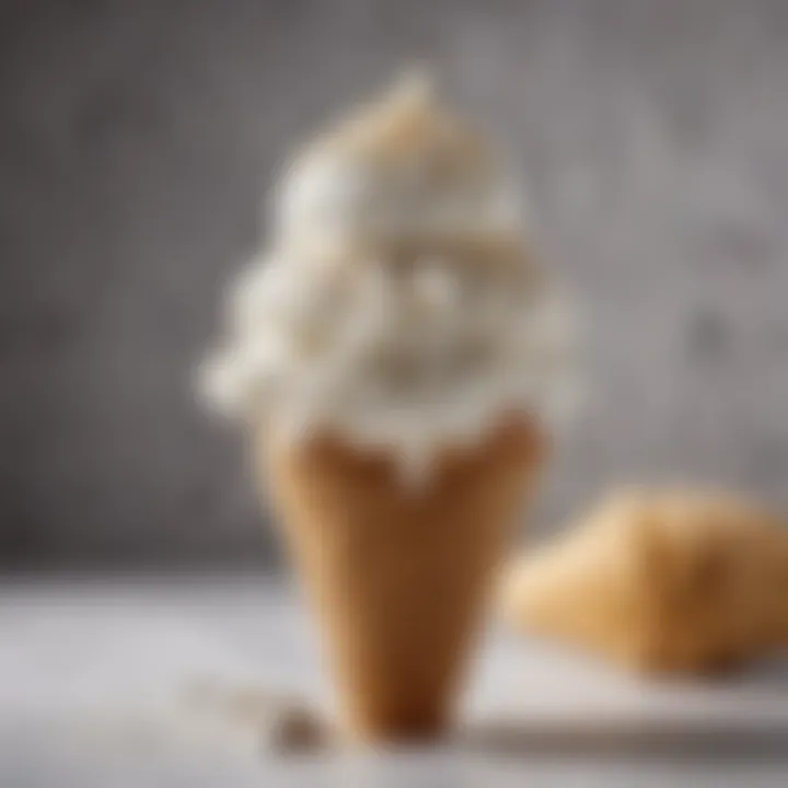 Close-up of fluffy soft serve ice cream swirled elegantly in a cone