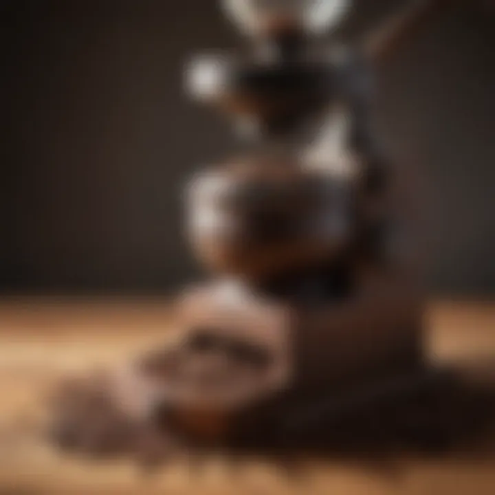 Close-up of coffee beans being ground in a manual wooden grinder.