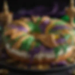 A beautifully decorated king cake showcasing purple, green, and gold colors