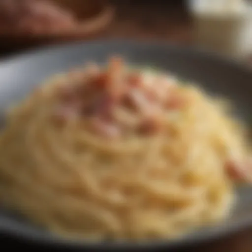 Close-up of creamy carbonara pasta adorned with crispy pancetta