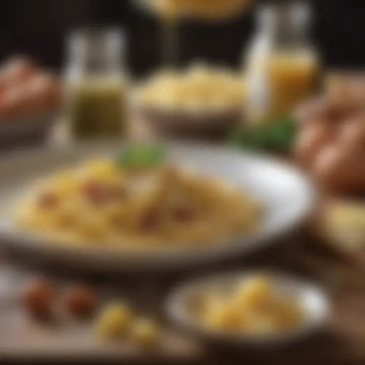 Array of fresh ingredients for authentic carbonara, including eggs, cheese, and guanciale