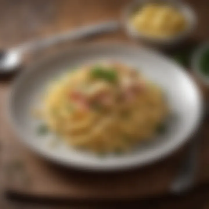 A beautifully plated carbonara garnished with parsley and Parmesan