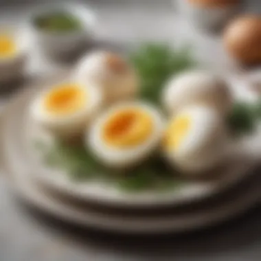 Peeled hard boiled eggs displayed on a plate garnished with herbs