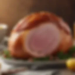 A beautifully glazed honey baked ham with a shiny exterior