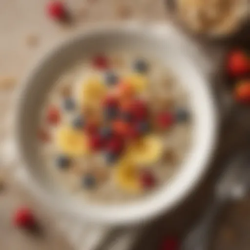 A bowl of creamy oatmeal topped with fresh fruits and nuts