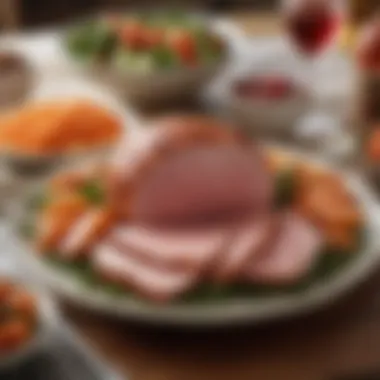 Elegant Plating of Boneless Ham with Sides A sumptuous platter featuring boneless ham alongside seasonal vegetables