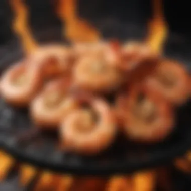 Charcoal grill with shrimp sizzling over the flames