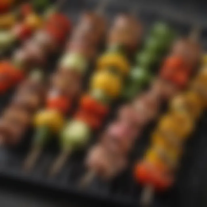 A variety of skewered meats and vegetables ready for grilling