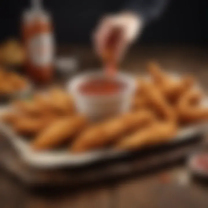 An array of dipping sauces elegantly presented next to crispy chicken strips