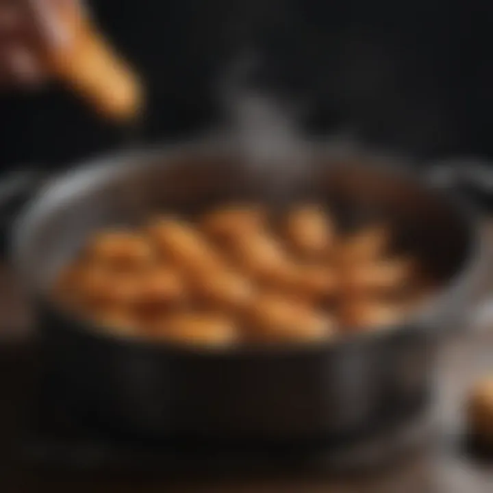 A frying pot filled with sizzling oil and Tyson chicken strips being immersed