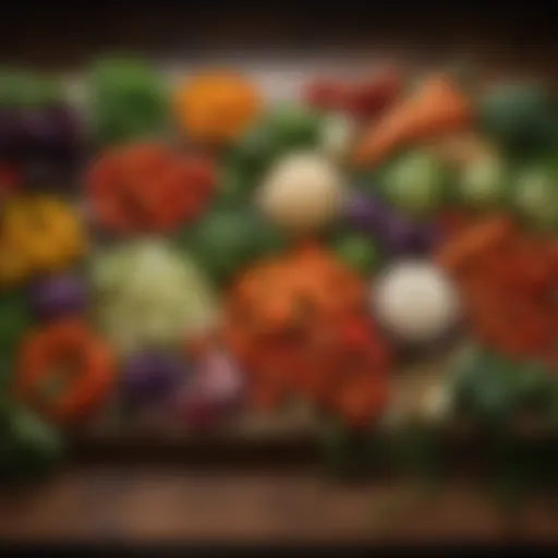 A vibrant assortment of fresh vegetables and herbs arranged artfully on a wooden table