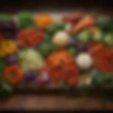 Colorful Selection of Vegetables A vibrant assortment of fresh vegetables and herbs arranged artfully on a wooden table