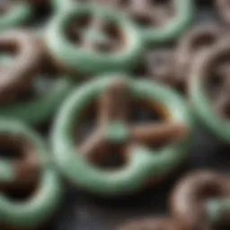 Close-up of mint chocolate pretzels showcasing their glossy coating and texture