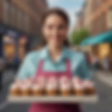 A cheerful delivery person holding a box of cupcakes with a backdrop of a busy urban street