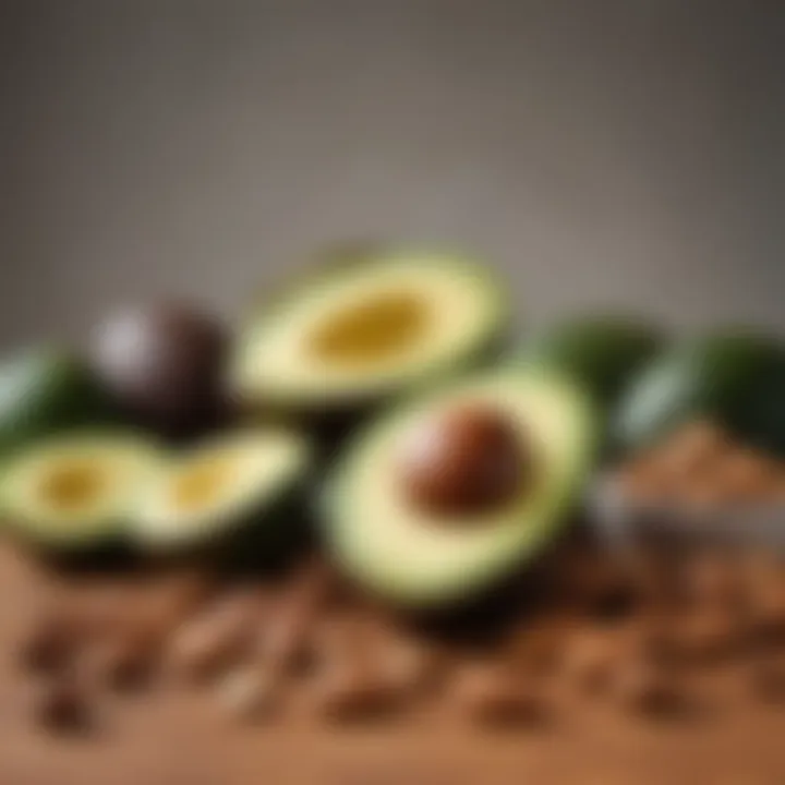 Assortment of healthy fats including avocados and nuts