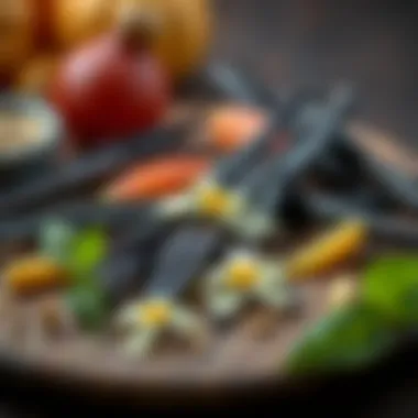 Culinary Harmony with Vanilla Artistic arrangement of vanilla beans with various culinary elements